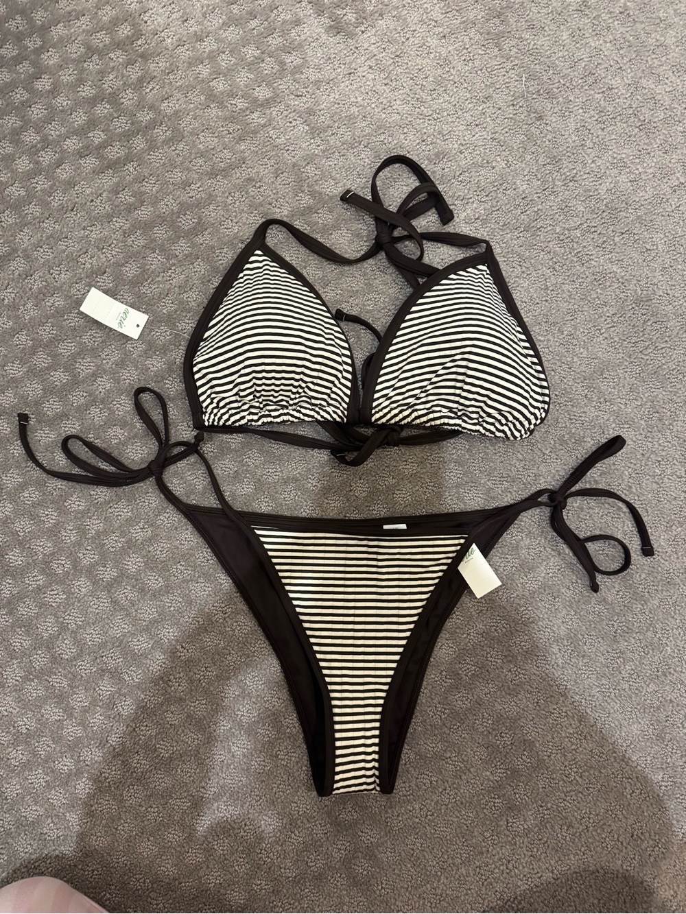 Striped Brown & White Tie Bikini Set - Women Swim